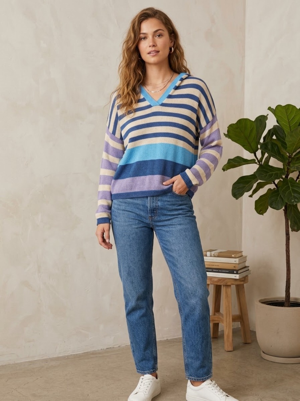 BiBi Multistripe V-Neck Sweater  Hoodie Blue Cream Lavender Large shimmer fall